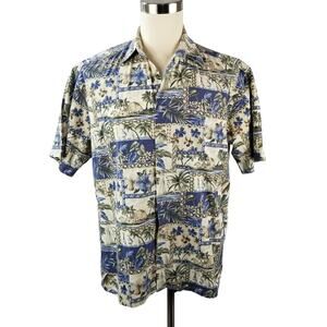 Pierre Cardin Blue Green Tan Tropical Hawaiian Short Sleeve Vintage Shirt Mens L
